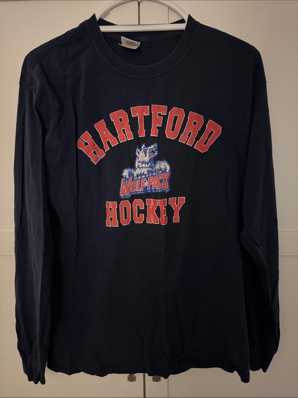 Gildan Navy Hartford Wolfpack Hockey Long Sleeve Tee with Red Graphics